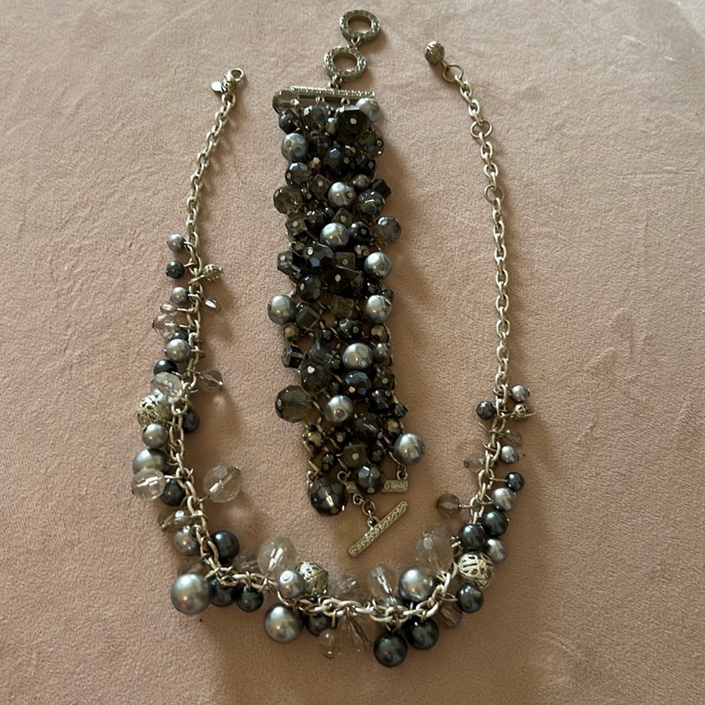 Gray and silver beaded statement necklace and bracelet set